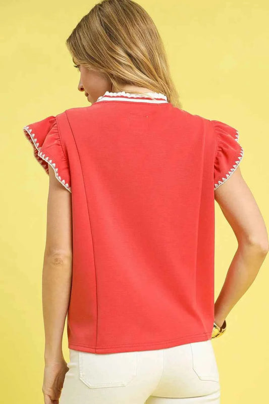 Umgee Contrast Trim Ruffle Cap Sleeve Blouse e6b4f27c-5c1d-4de0-b70d-c3cc03ffa7a0-Max-Origin