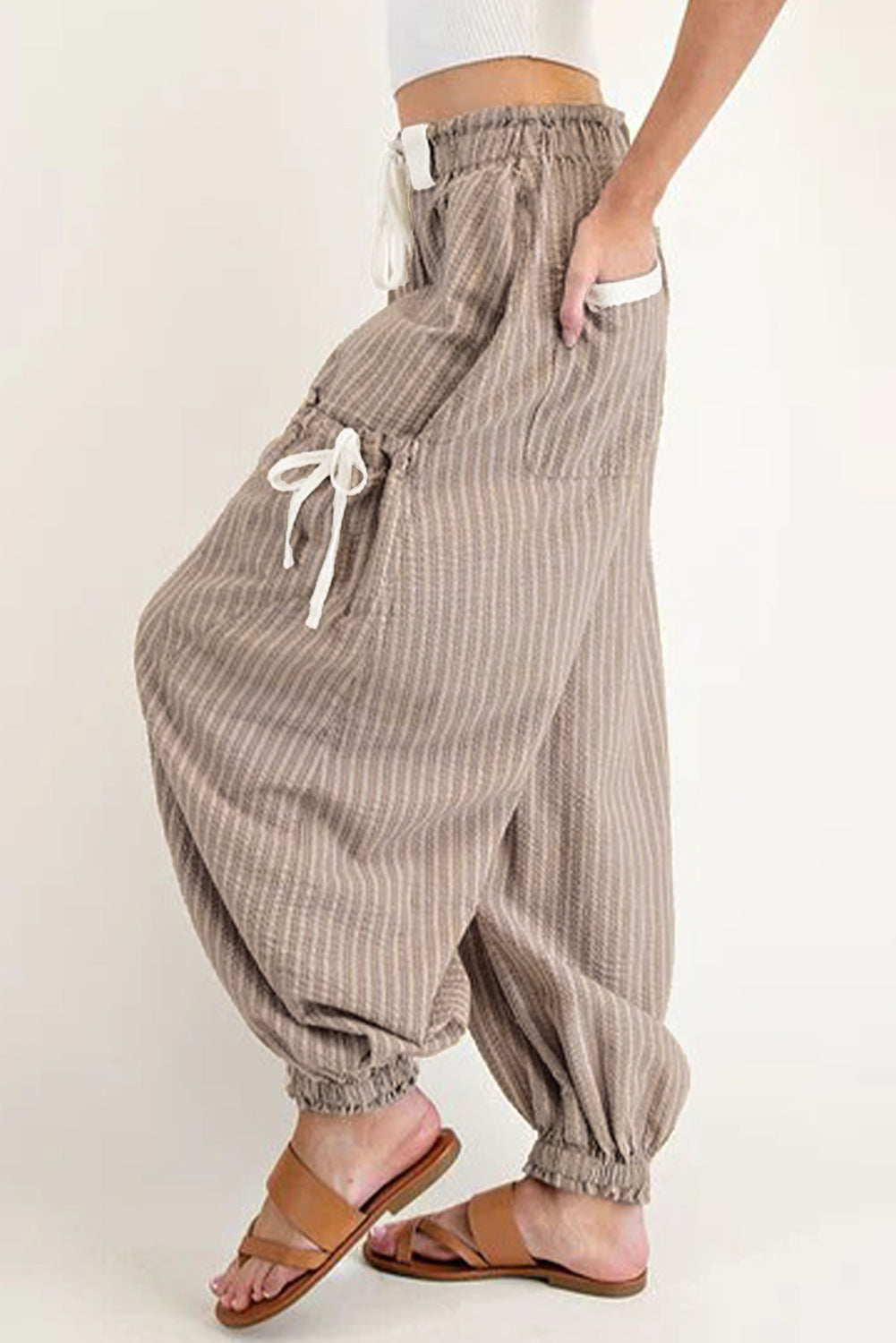 Brown Striped Pocket Knot Detail Lantern Pants e6c4f7adbcfa1acb