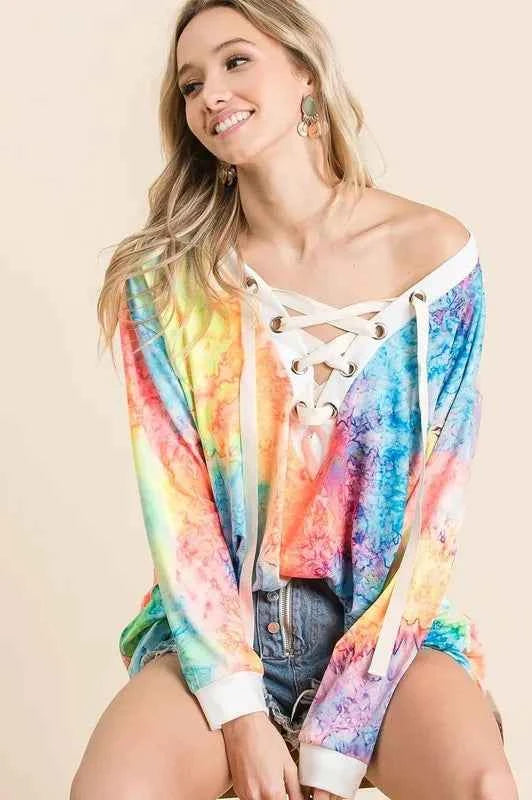 BiBi Tie Dye Deep V-neck Top With Lace Up Front e6cb3e66b9a4437d93d31587aa389255-Max-Origin