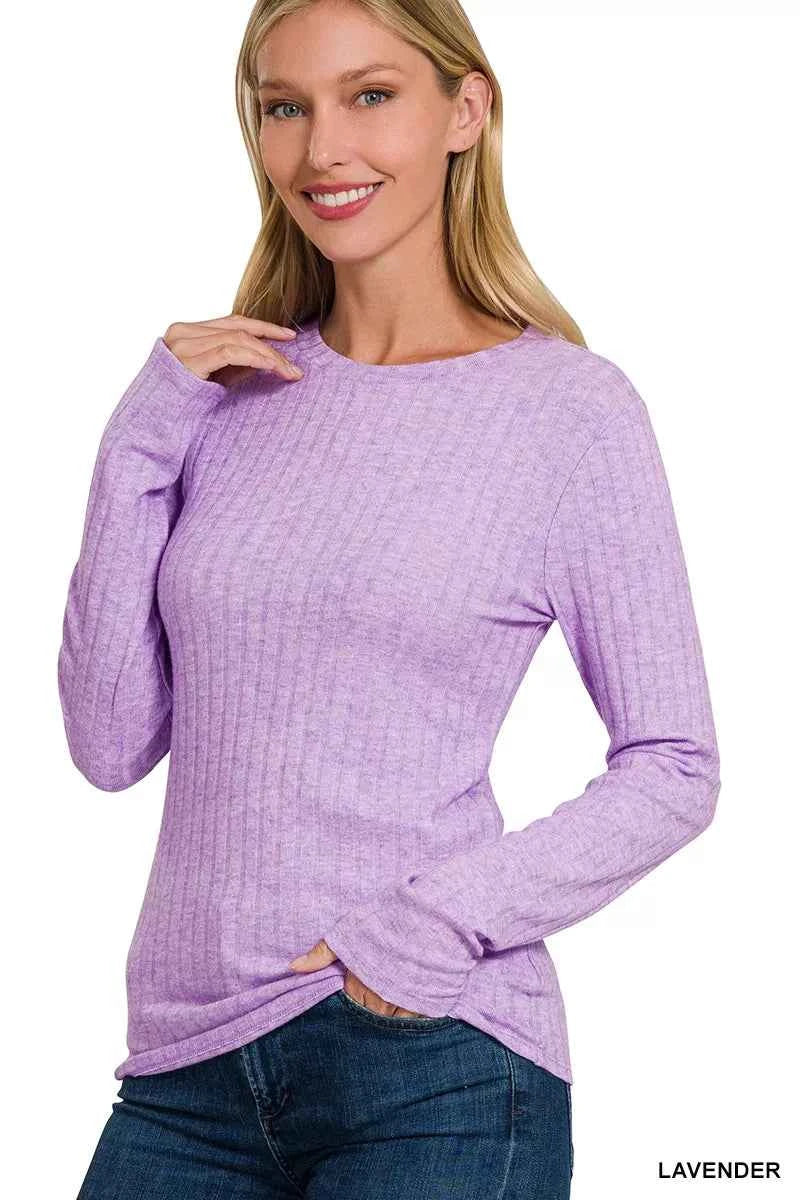 Zenana Ribbed Long Sleeve Round Neck T-Shirt LAVENDER e6cb5e40-3d58-49a0-ad80-a1954a8c62ad-Max-Origin