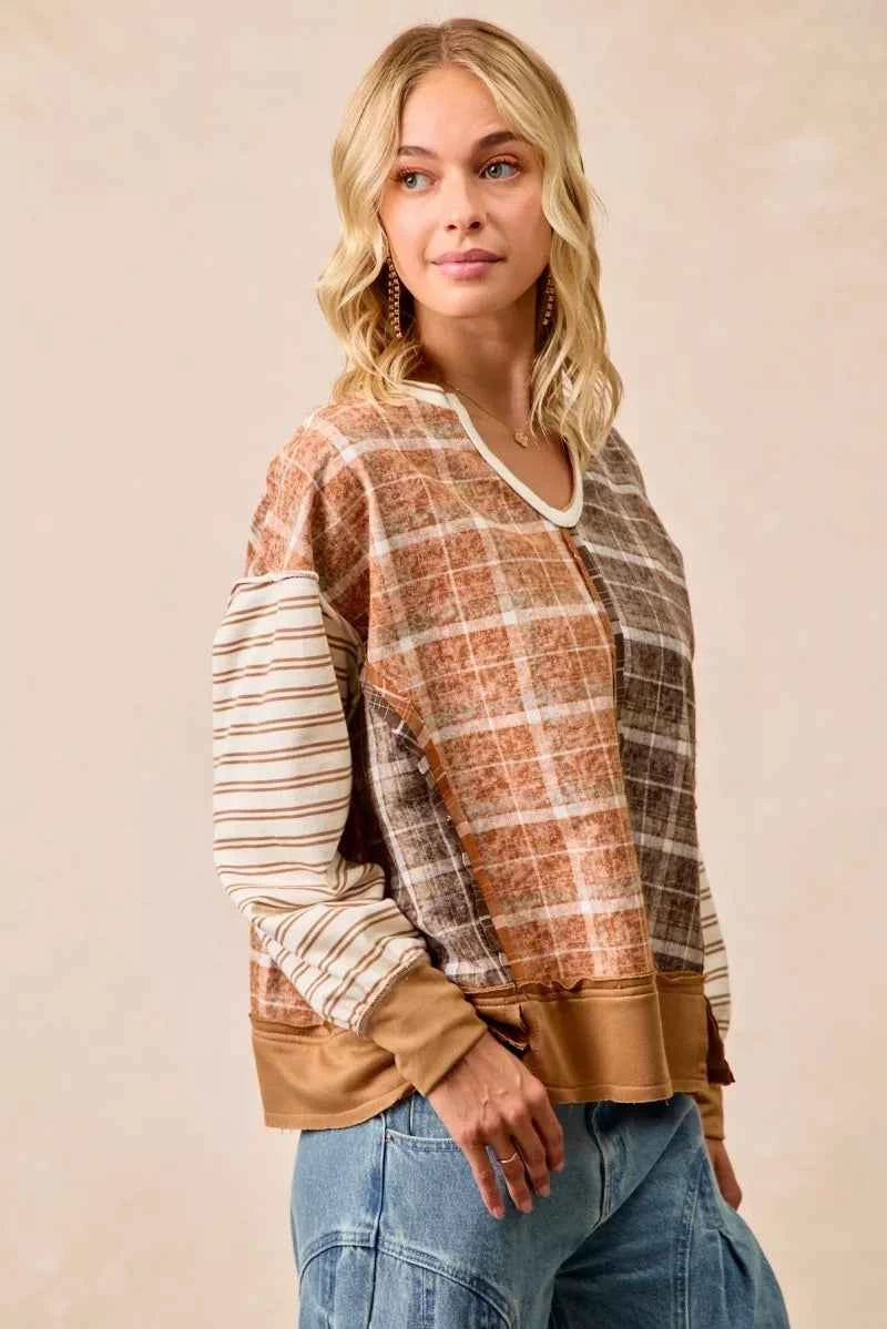 BiBi Plaid And Stripe Mix And Match Top With Open Seam e6ce9c7c5d0d40d894e793ee965868db-Max-Origin