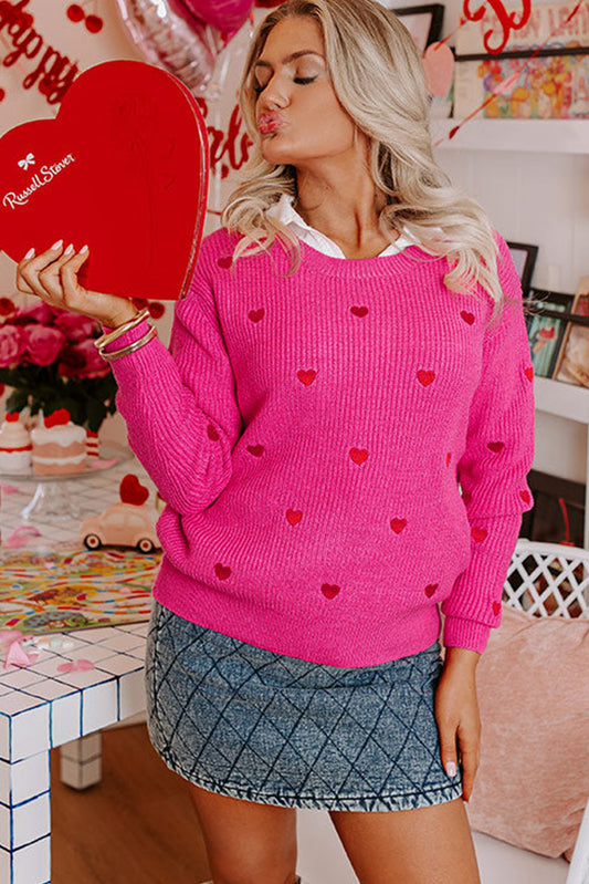 Rose Red Heart Pattern Drop Shoulder Round Neck Sweater e6d10a6a921754e8