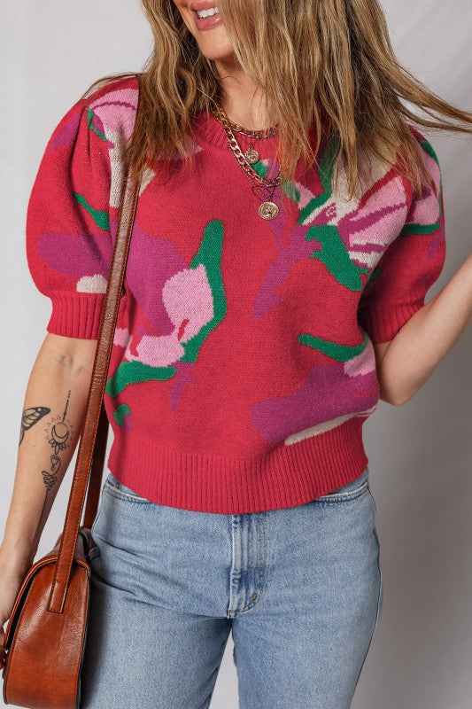 Floral Abstract Short Puff Sleeve Sweater Red e6d4fd85-ba71-4f59-8af3-7759d5ecac64