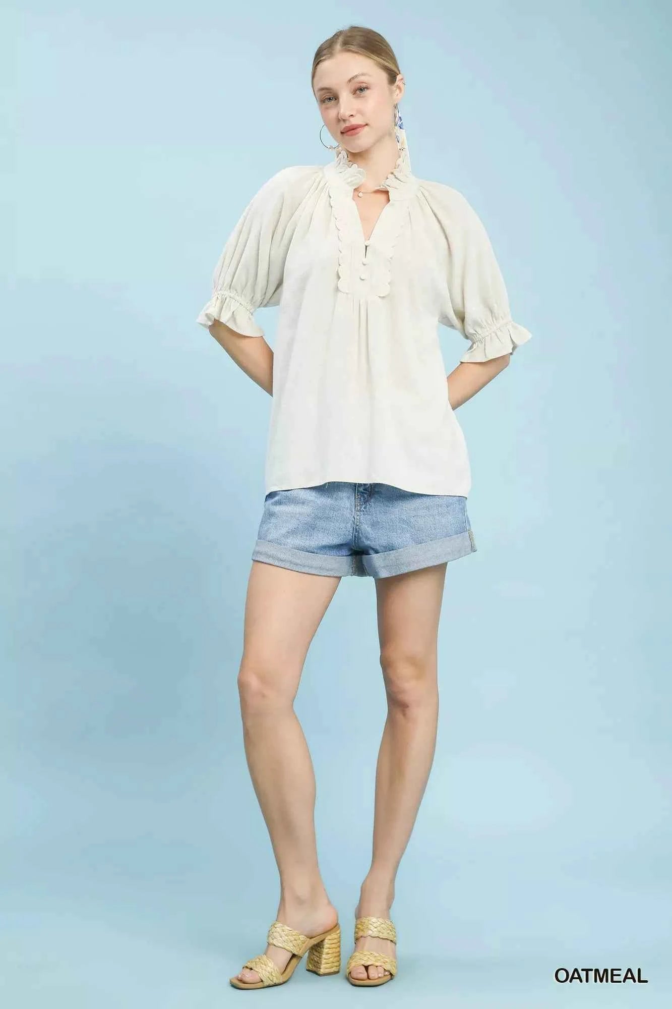 Umgee Linen Scalloped Ruffle Neck Blouse e6dbc39c-600e-4e73-87aa-555d1cb71f57-Max-Origin