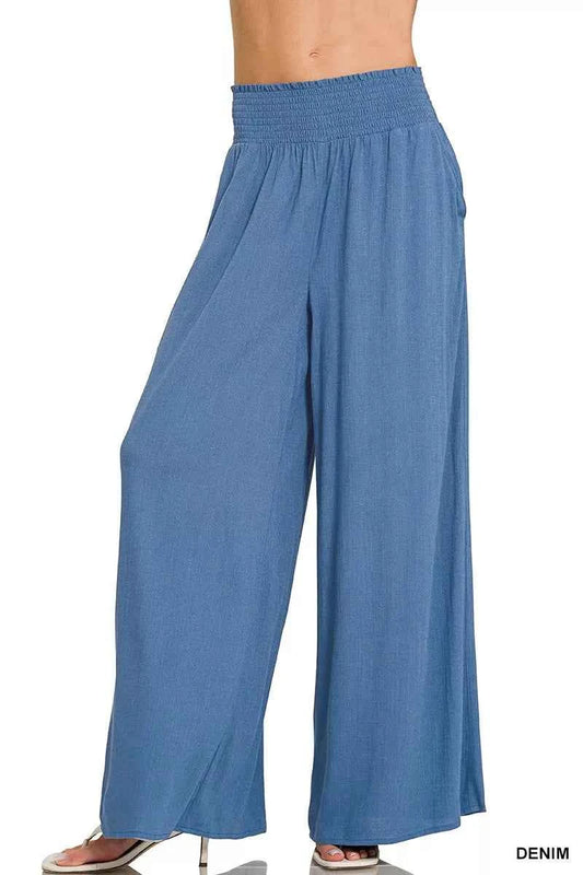 Zenana Smocked Waistband Wide Leg Lounge Pants DENIM e6dffda5c2224325a1d77bf2ca4cdd3e-Max-Origin