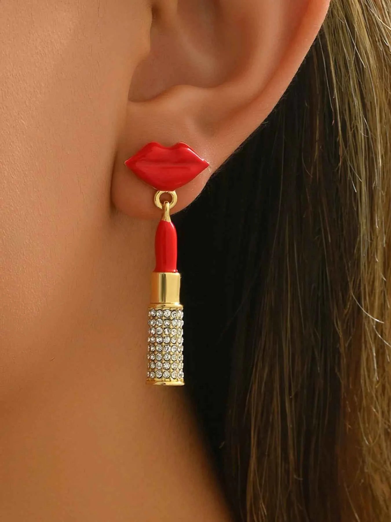 Stainless Steel Resin Lips Lipstick Rhinestone Earrings e6e1552a-a881-4297-a4dd-67aed14918df-Max-Origin