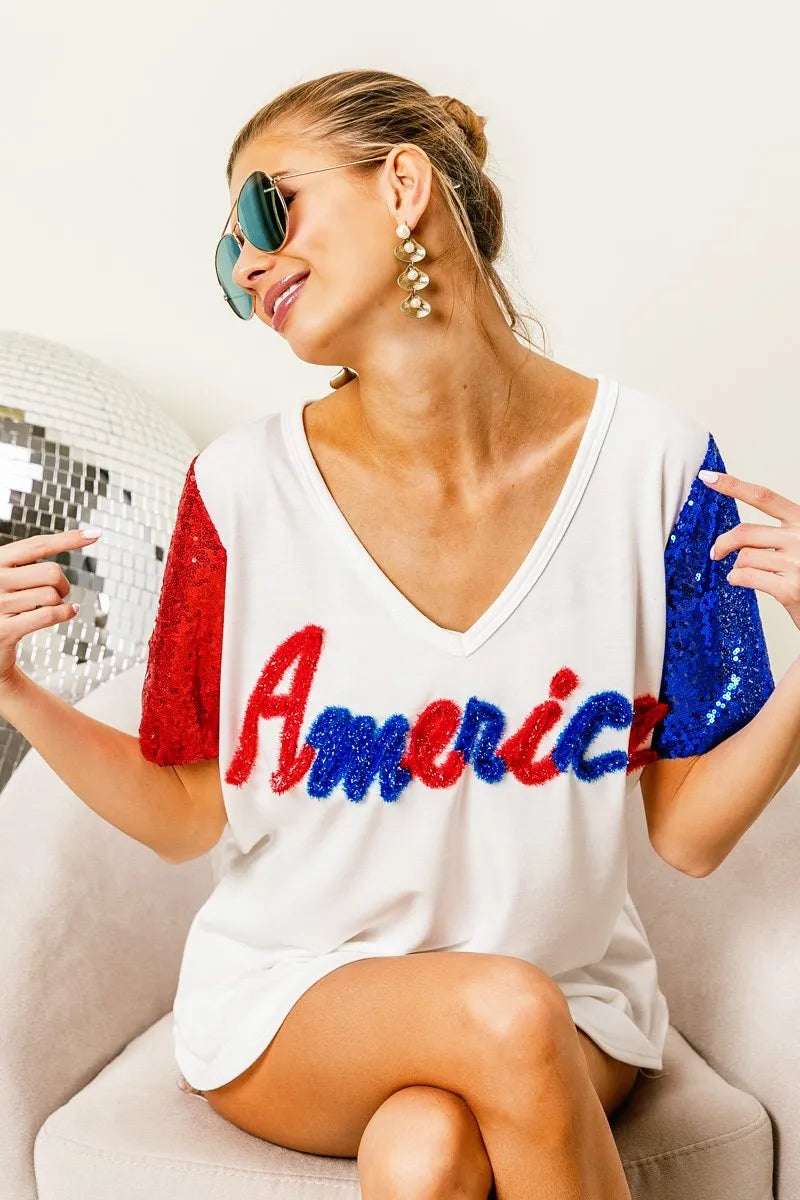 BiBi Metallic Letter V-neck Sequin Sleeves Top e6e27f822a314f4295f9325c5dc687c6-Max-Origin