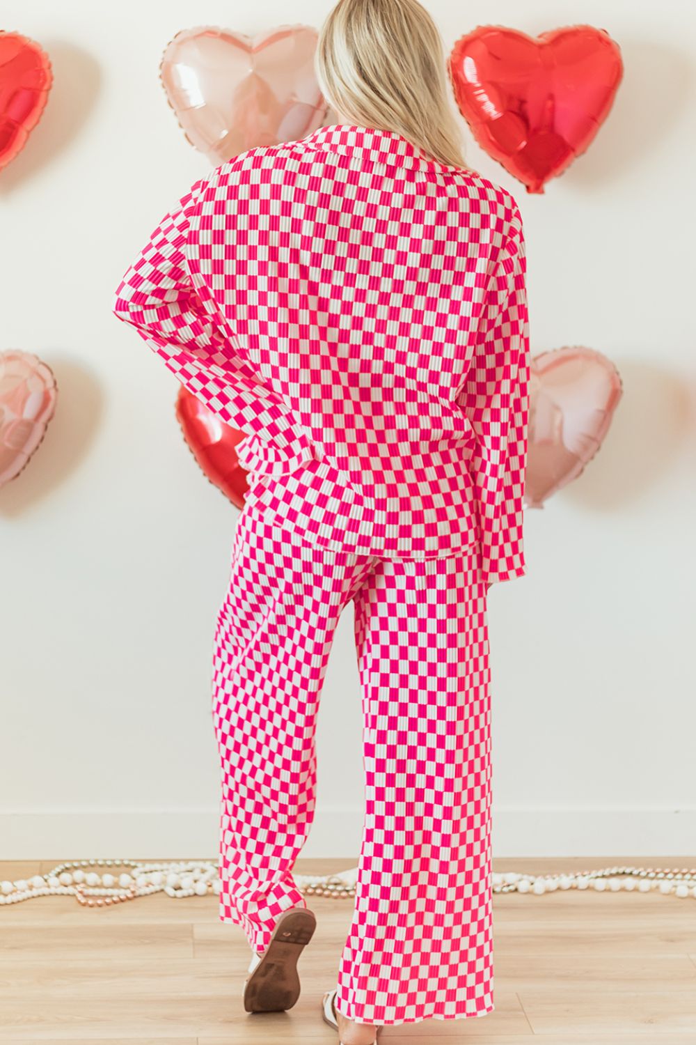 Checkerboard Print Long Sleeve Top and Pants Set e6e4b500-35c7-4a4c-8b44-fef94ee43ba4-Max