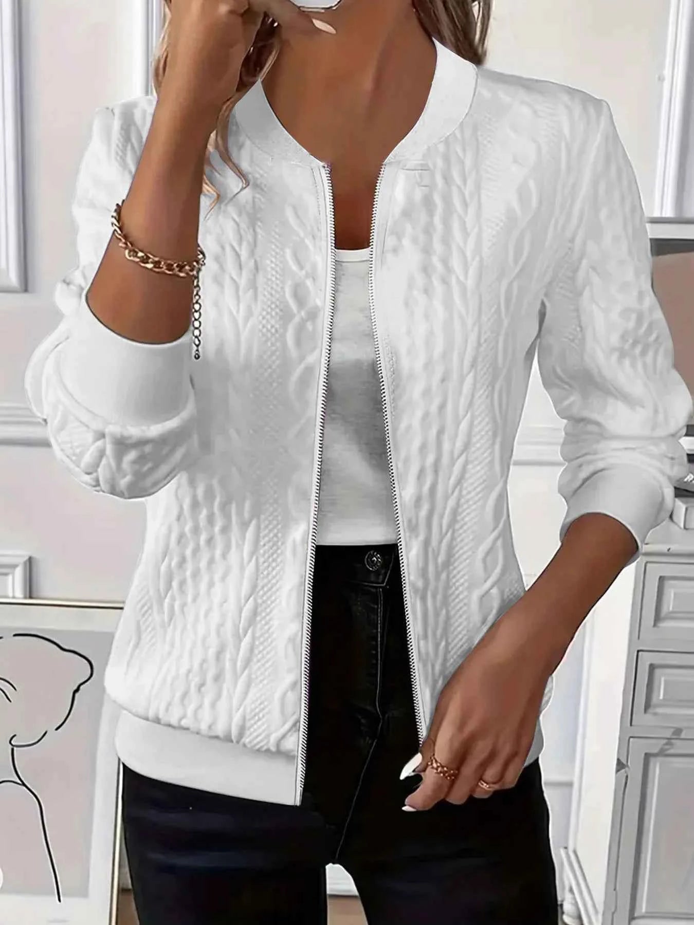 Texture Zip Up Long Sleeve Jacket White e6e664a2287748f89a38bf358f22ca20-Max-Origin