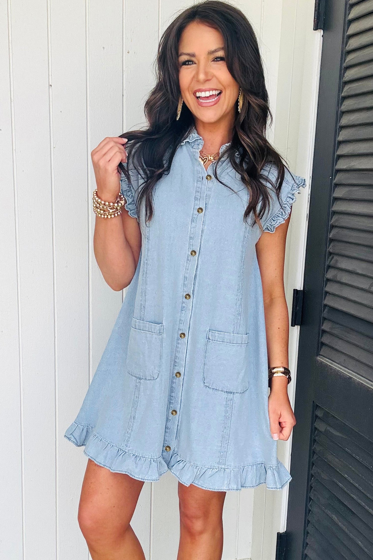 Beau Blue Ruffled Edge Collared Shift Denim Dress with Pockets e6e66a3a0d67133d