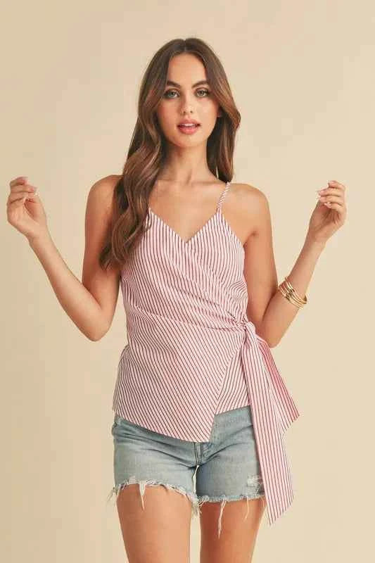 Aemi + Co Side Knotted Surplice Striped Cami White Red e6ec3dc6-ee46-47ea-b453-5196e8b76cfb-Max