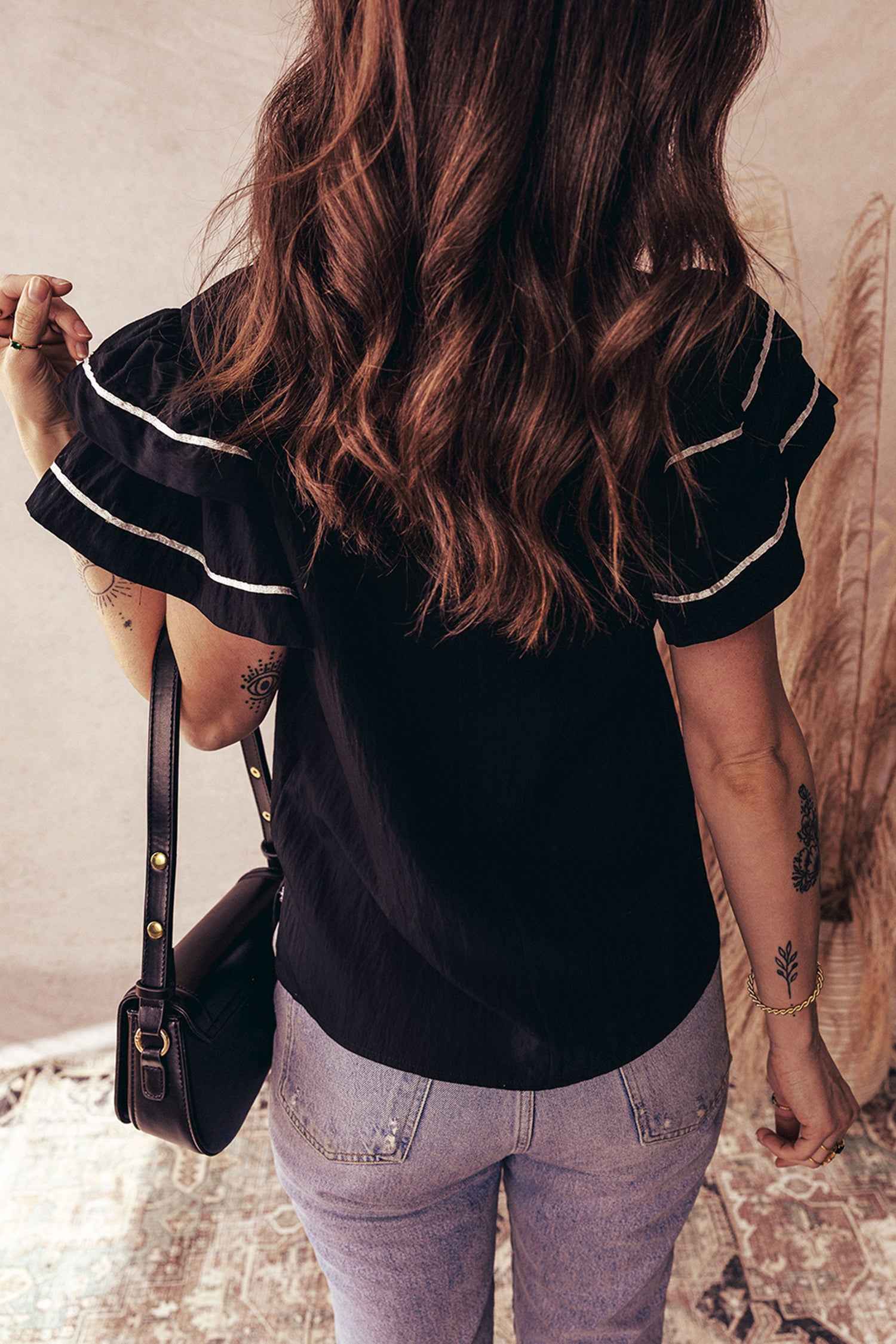 Black Contrast Trim Dual Ruffle Short Sleeve Textured Blouse e6efa45763cbfafa