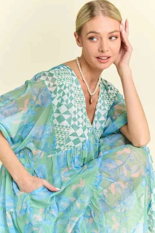 Davi & Dani Geo and Floral Print Mixed Tiered Dress e6f0ce180b2645509a0baf545913d501-Max-Origin