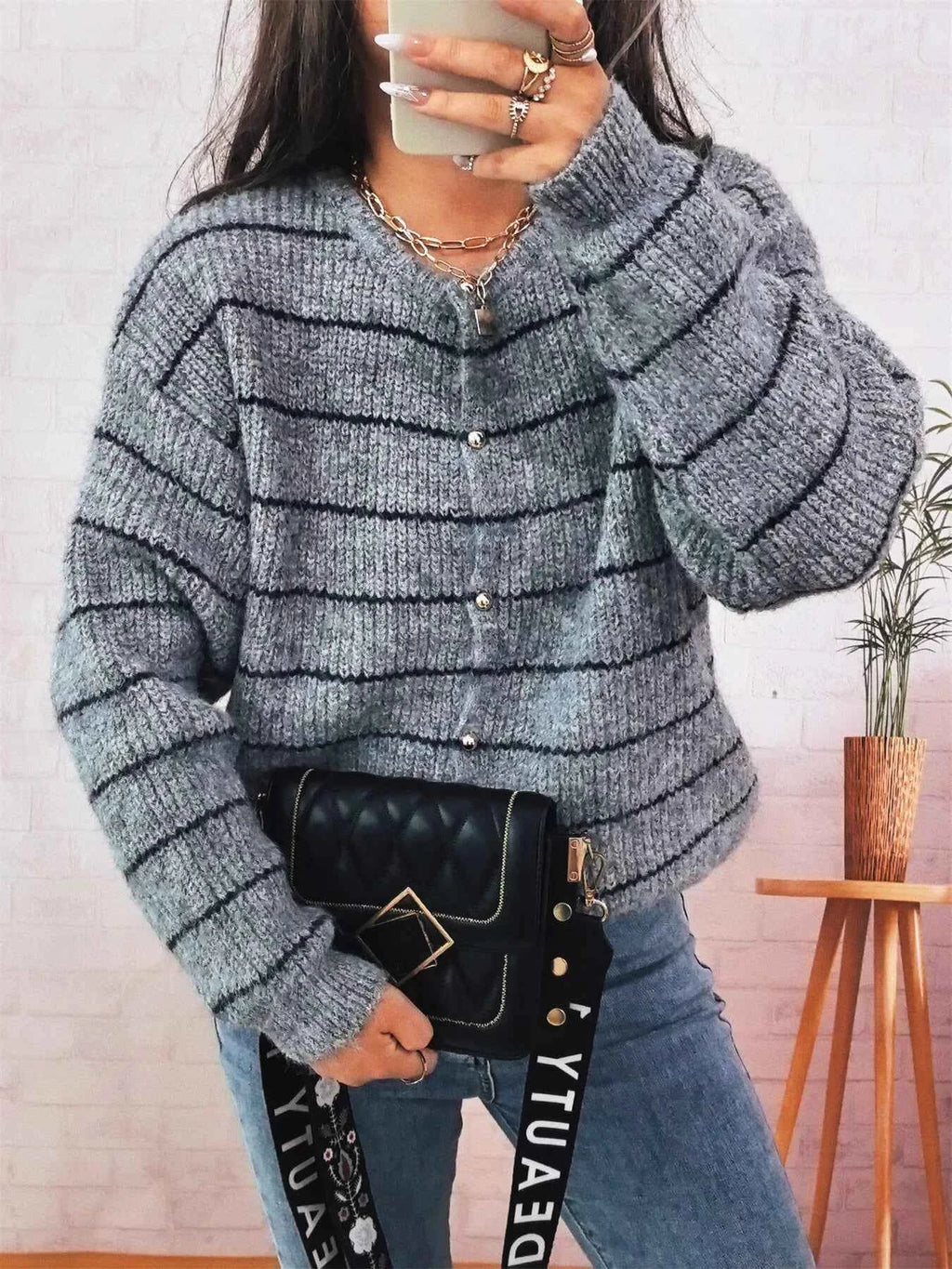 Striped Button Up Long Sleeve Cardigan e6f72a5a73974fdfa7914a6507890409-Max-Origin