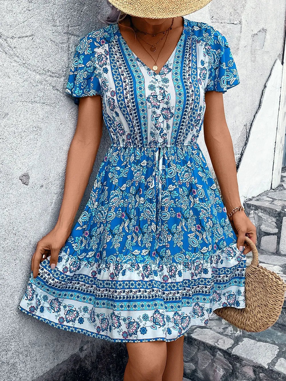 Perfee Printed V-Neck Flutter Sleeve Mini Dress e6fd69d2-b55c-40cc-bd0c-edeb9862a792-Max