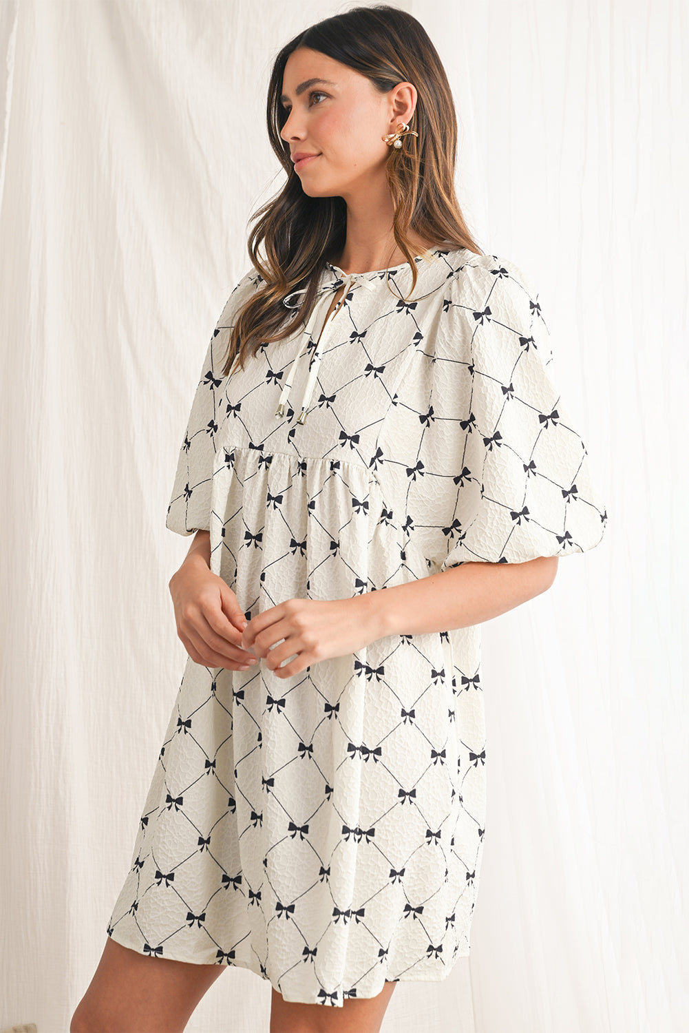 White Sweet Bow Print Lantern Sleeve Mini Dress e702f1ed78d0735c