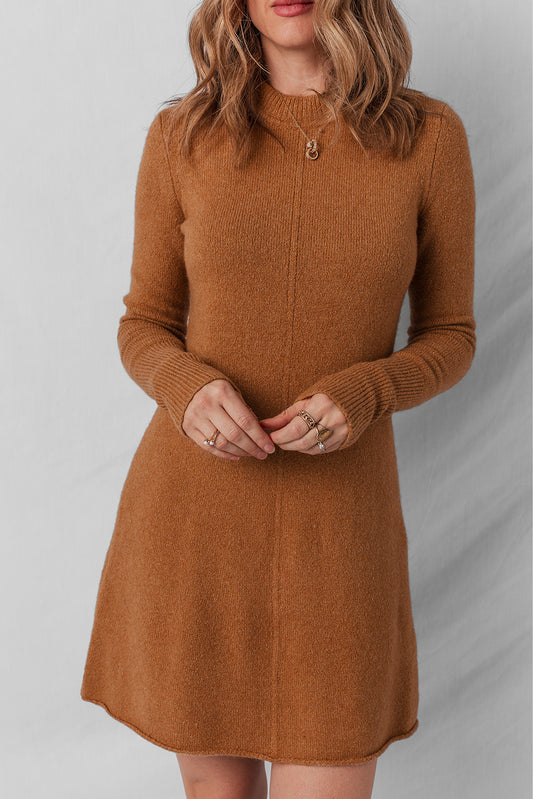 Straw Yellow Ribbed Detail Solid Color Mini Sweater Dress e704e2132fa7e416