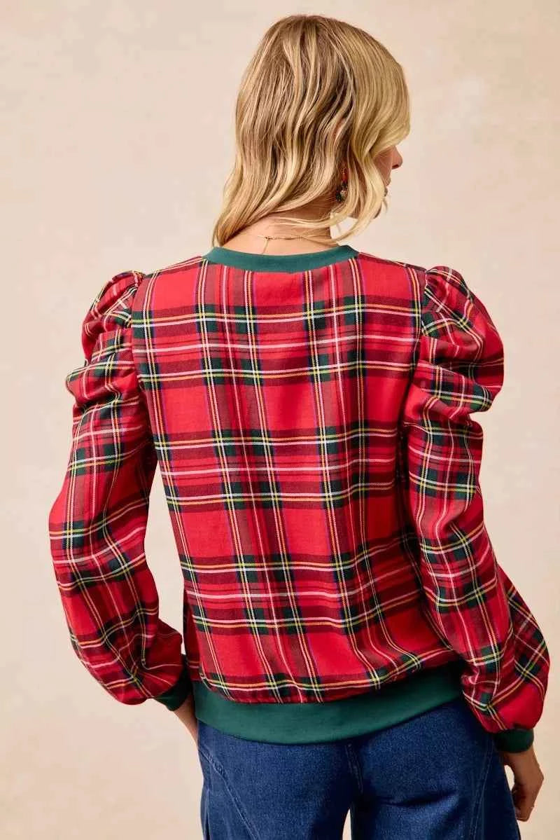 Christmas Plaid Exaggerated Shoulder Sleeves Top e70c4c6de81a4a929bc5d3771dea248d-Max-Origin