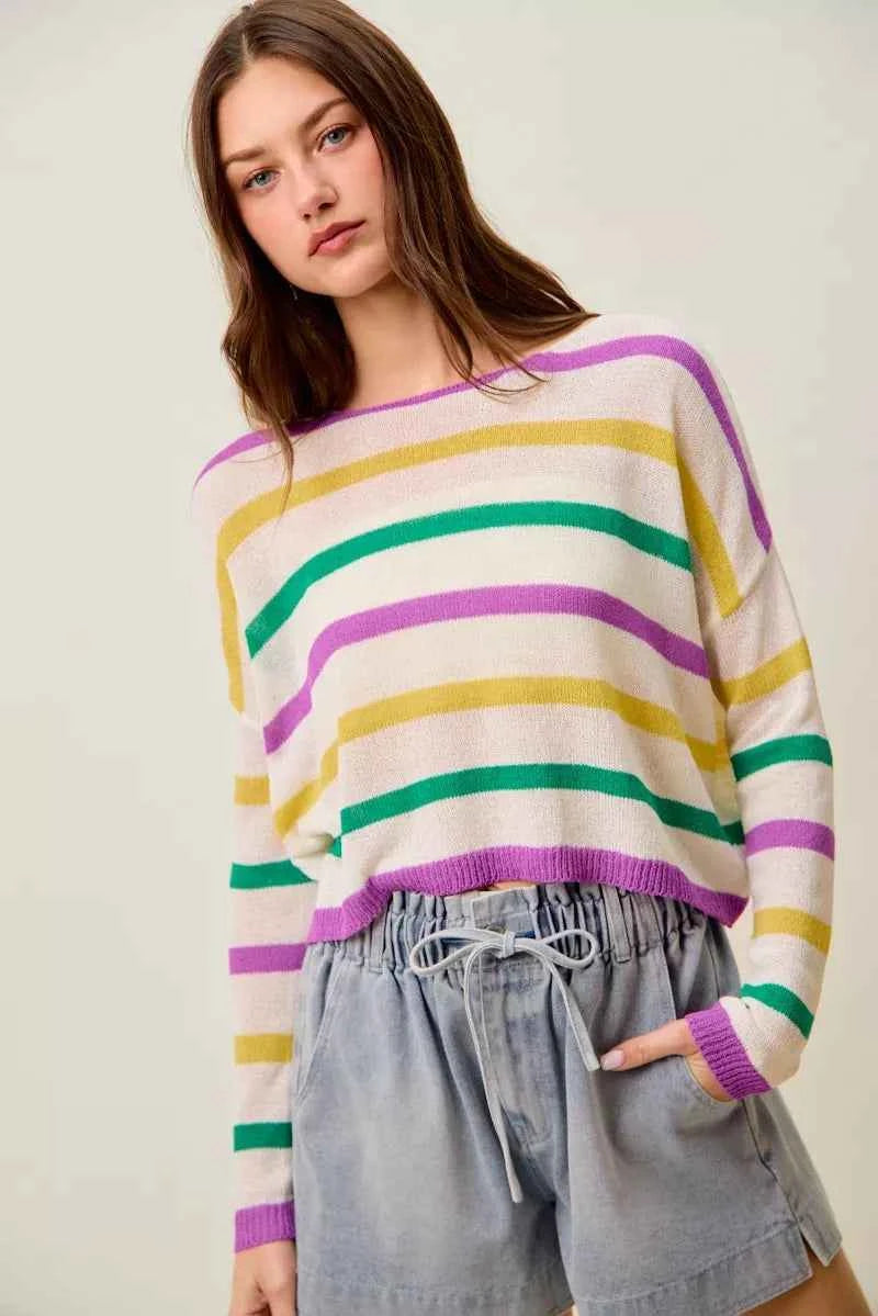 SO ME Mardi Gras Color Stripe Lightweight Sweater Top e70d81dc59b845ecafdfd3b42f4e997e-Max-Origin