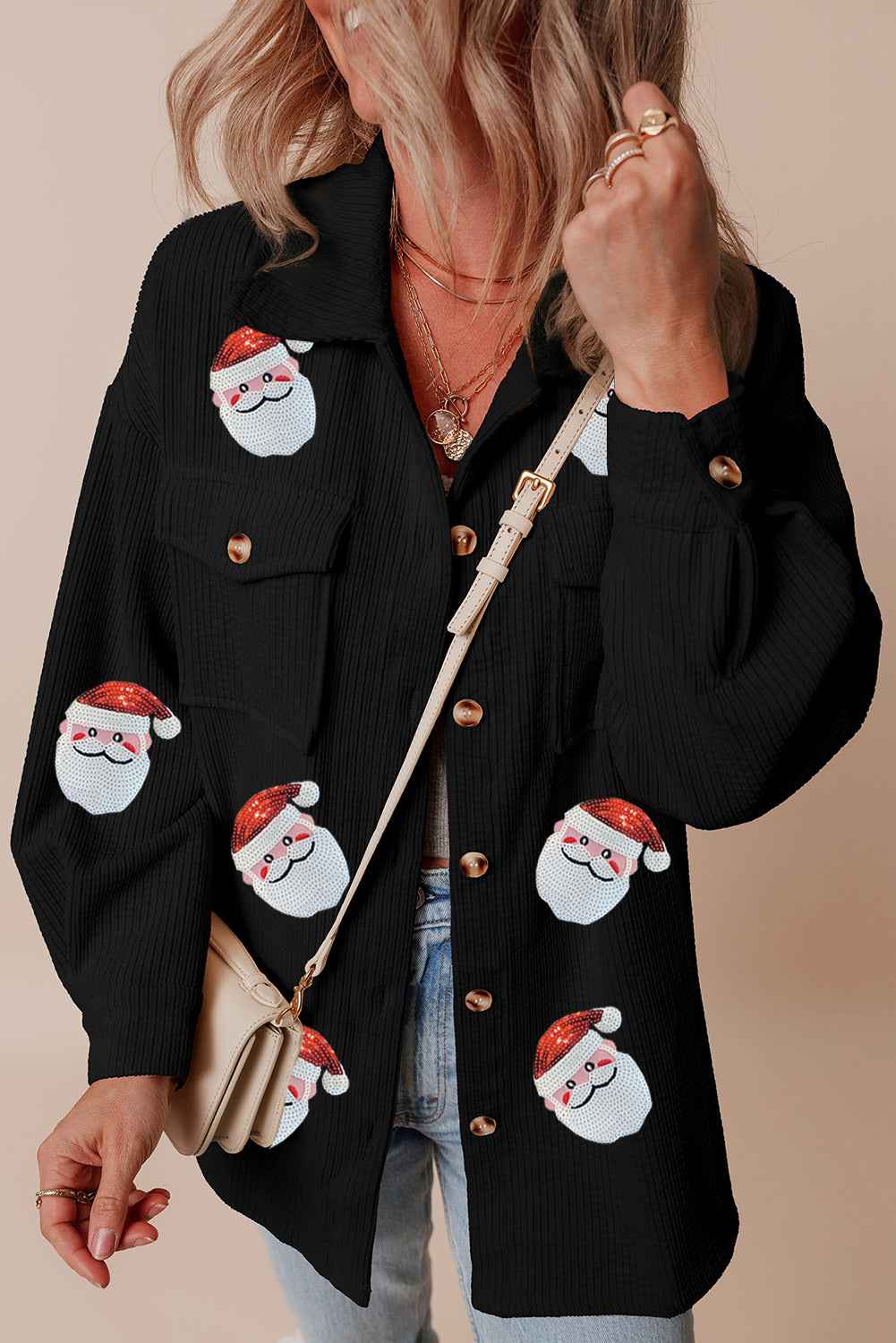 Black Sequin Father Christmas Graphic Button Down Ribbed Shacket e70f76f0ba8fcc8a