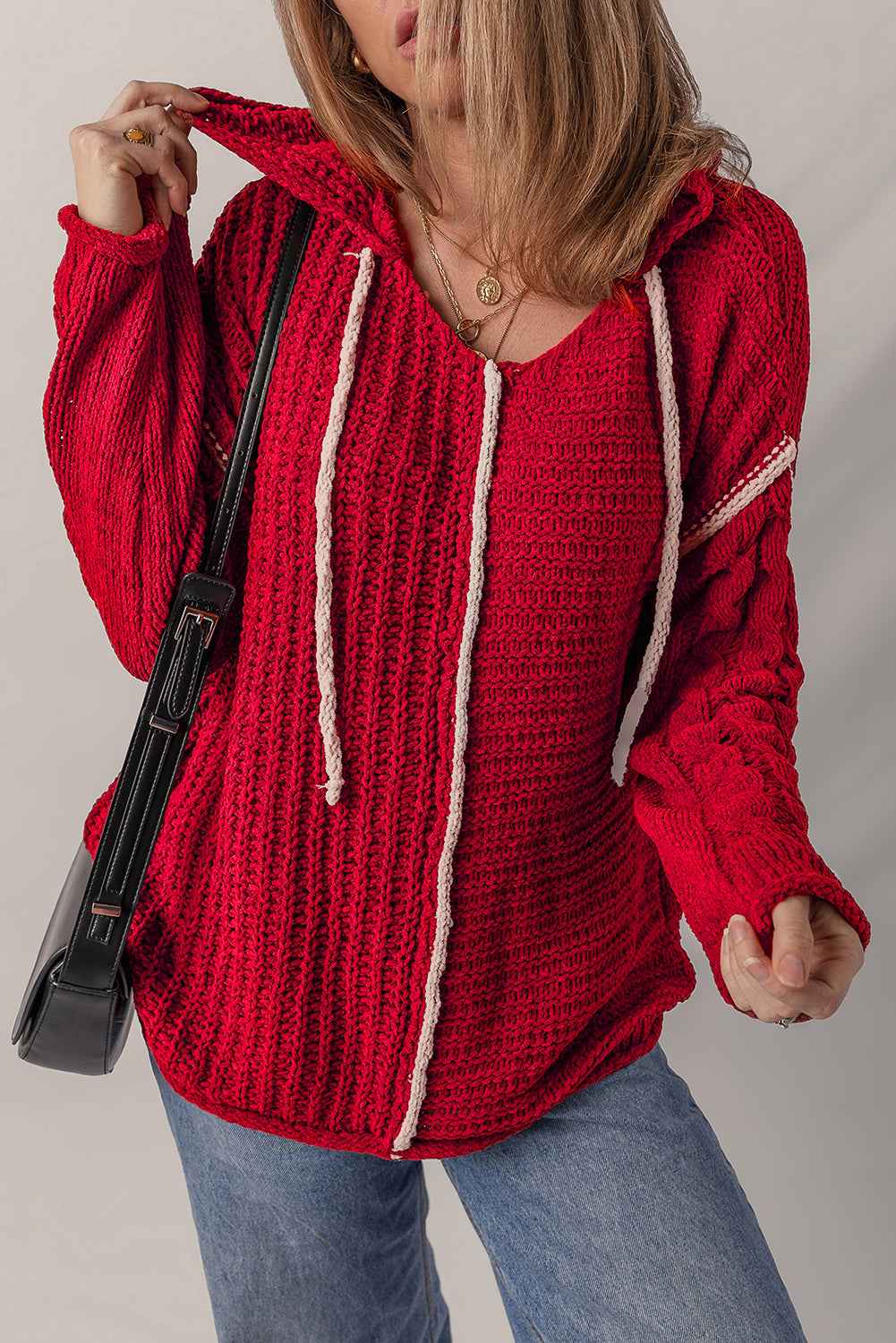 Racing Red Contrast Trim Textured Knit Drawstring Hooded Sweater e71140edcd9c31c9