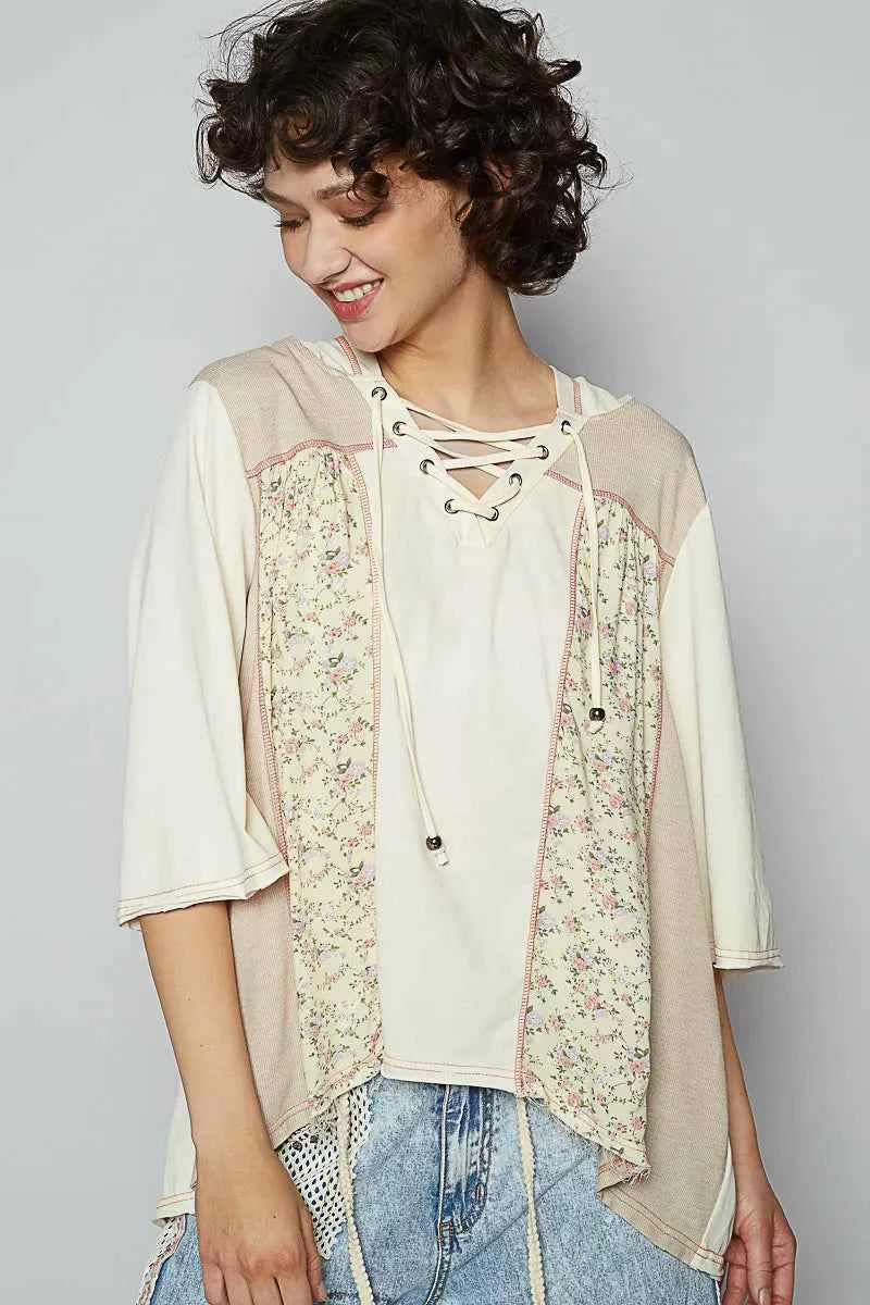 POL Lace-Up Hooded T-Shirt with Paisley Panel Detail Cream e711ce57-a7b3-42a8-987a-34f777d4a52d-Max-Origin