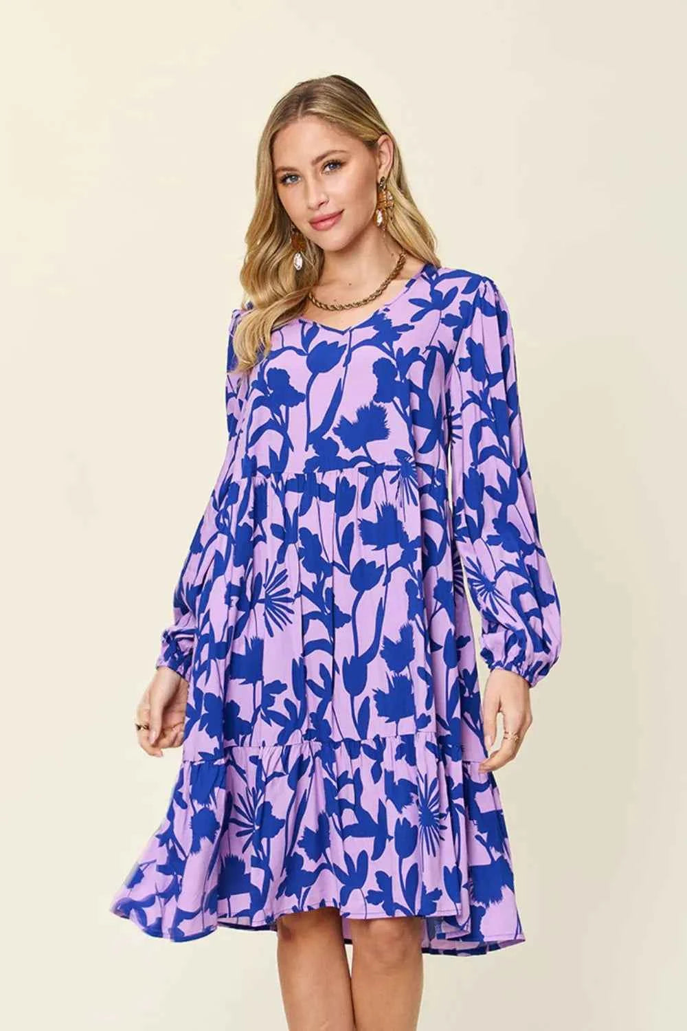 Double Take Full Size Printed Ruffle Hem Dress with Pocket Lavender e715648c-97fb-4a07-af1b-9b331c2fce90-Max