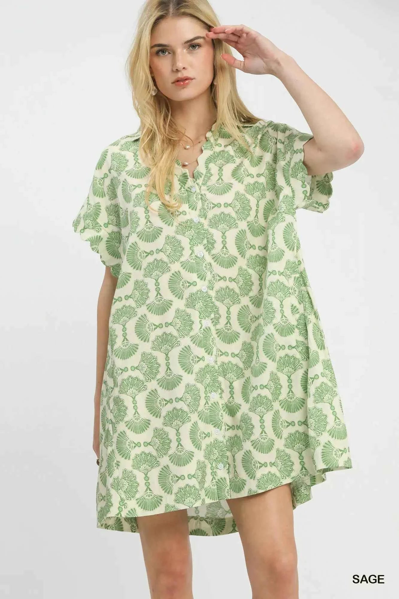 Umgee Printed Button Front Shirt Dress SAGE e724a774-aff2-4cab-9ac7-5c367e905ed5-Max-Origin