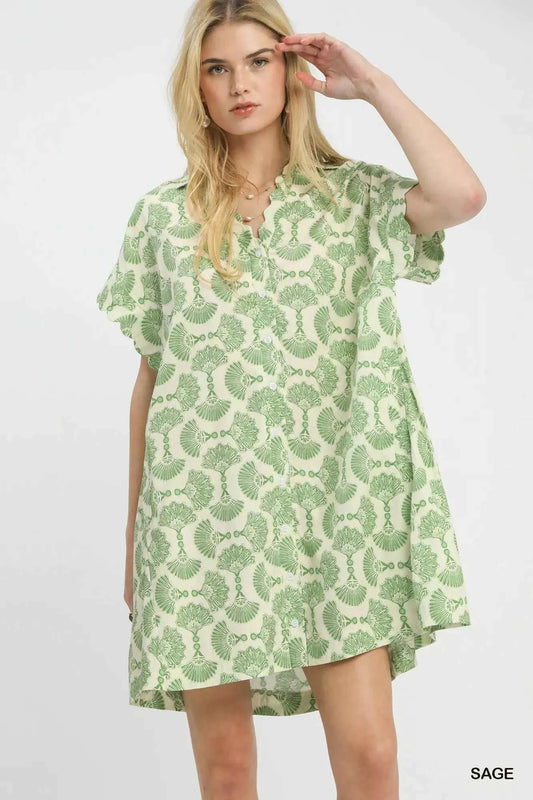 Umgee Printed Button Front Shirt Dress SAGE e724a774-aff2-4cab-9ac7-5c367e905ed5-Max-Origin
