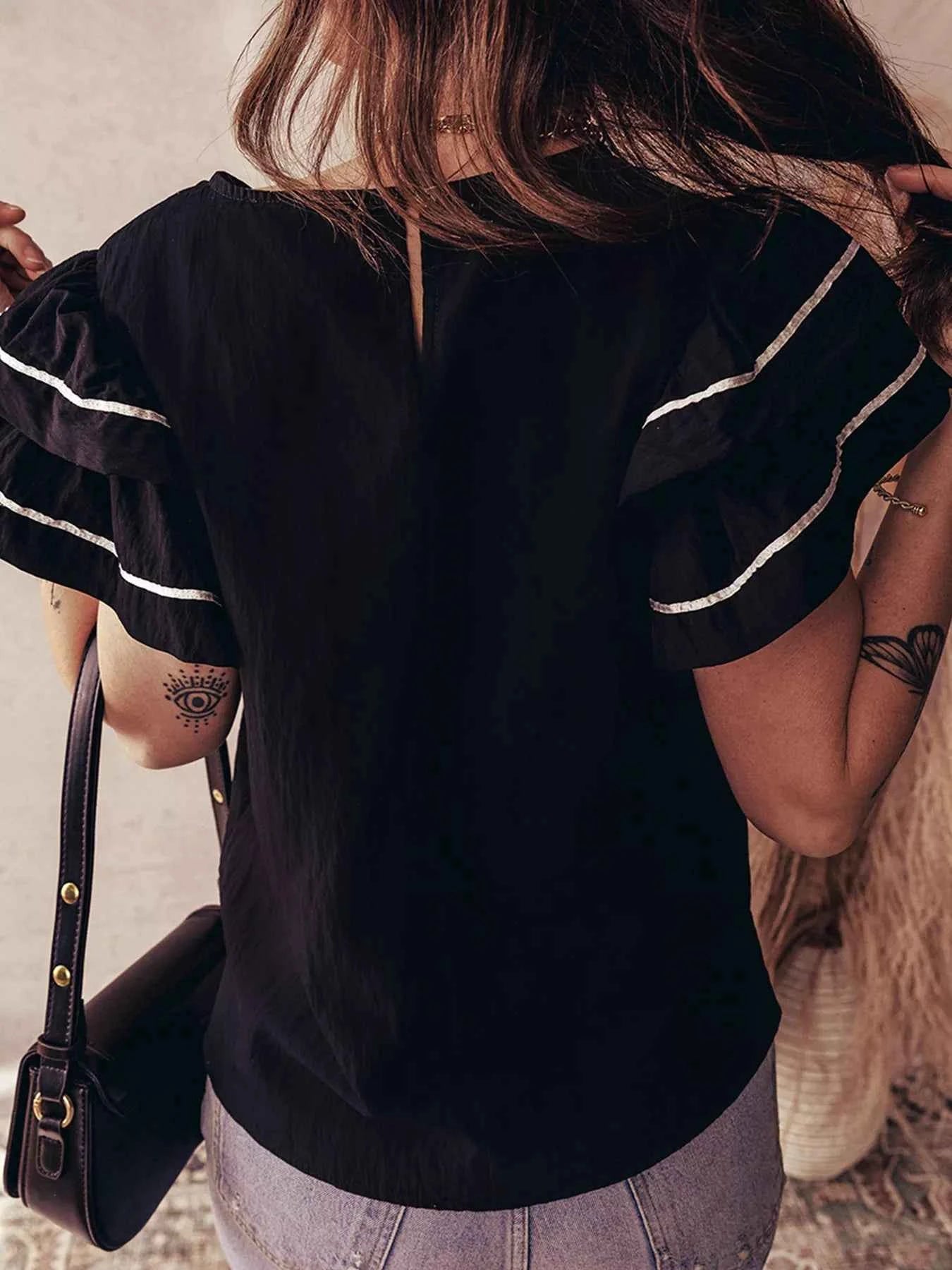 Contrast Trim Dual Ruffle Short Sleeve Textured Blouse e725def77b7c4f8eb67d7d24a9c64b09-Max-Origin