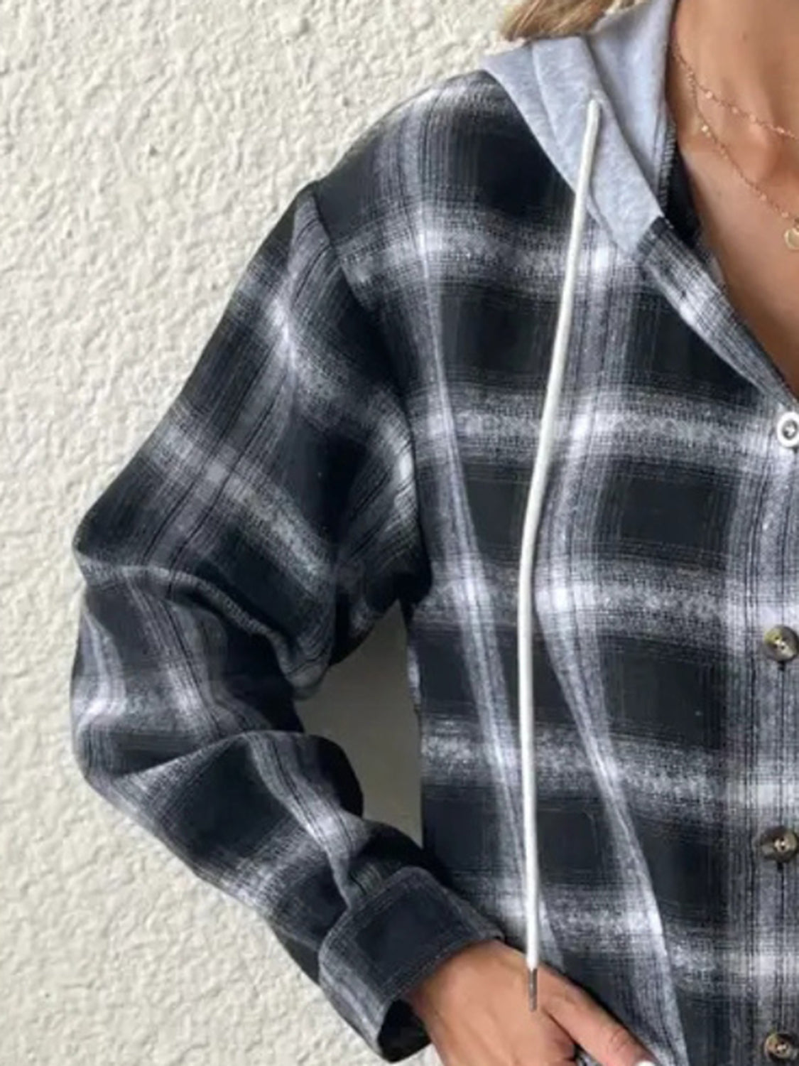 Plaid Drawstring Button Up Hooded Jacket e7340e6e3cef4c5a8d28e944baf5857b-Max
