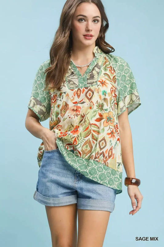Mixed Print V-Neck Short Sleeve Top SAGE MIX e73bb2fa-1812-4b6a-bc92-2ee8bb0d8052-Max-Origin