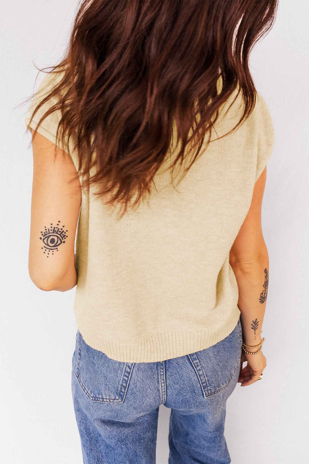 Apricot Buttoned Front Rolled Hem Cap Sleeve Sweater Top e73e14389c8594c8