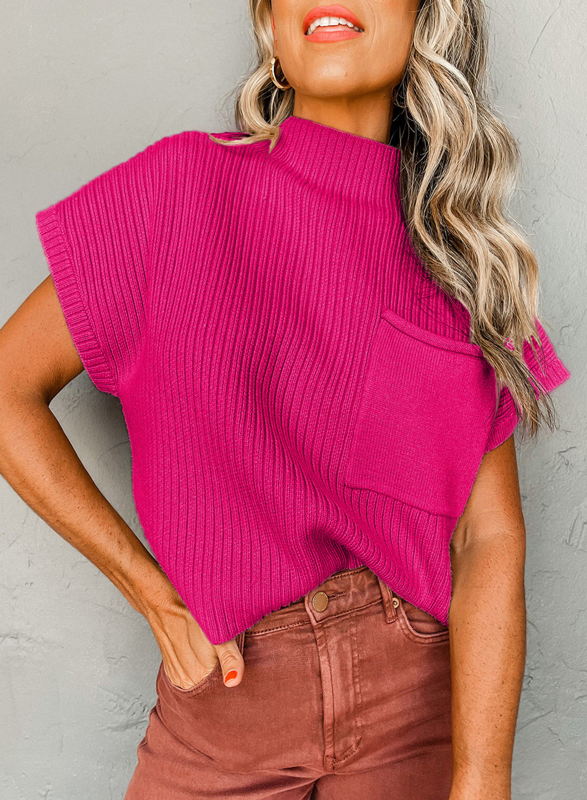 Green Patch Pocket Ribbed Knit Short Sleeve Sweater Rose Red 50%Viscose+28%Polyester+22%Polyamide e73ecd13d2c20690