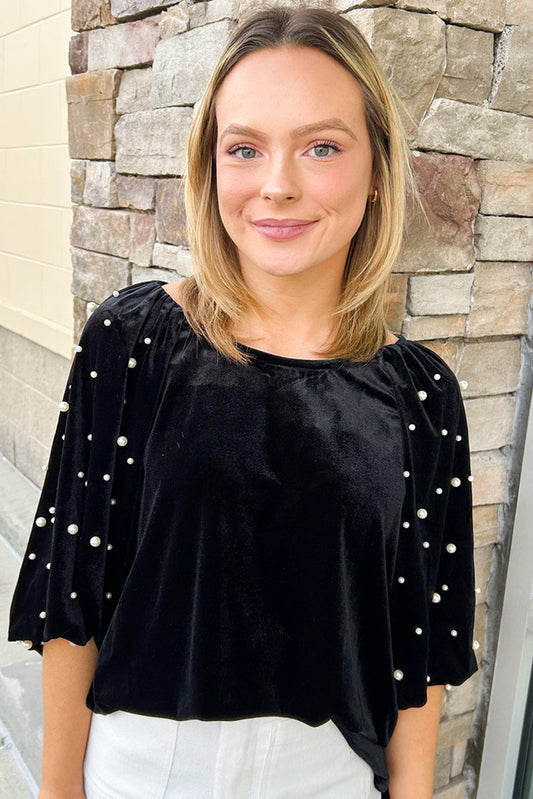 Black Pearl Beaded Half Sleeve Velvet Top e74166fee1ccdb33