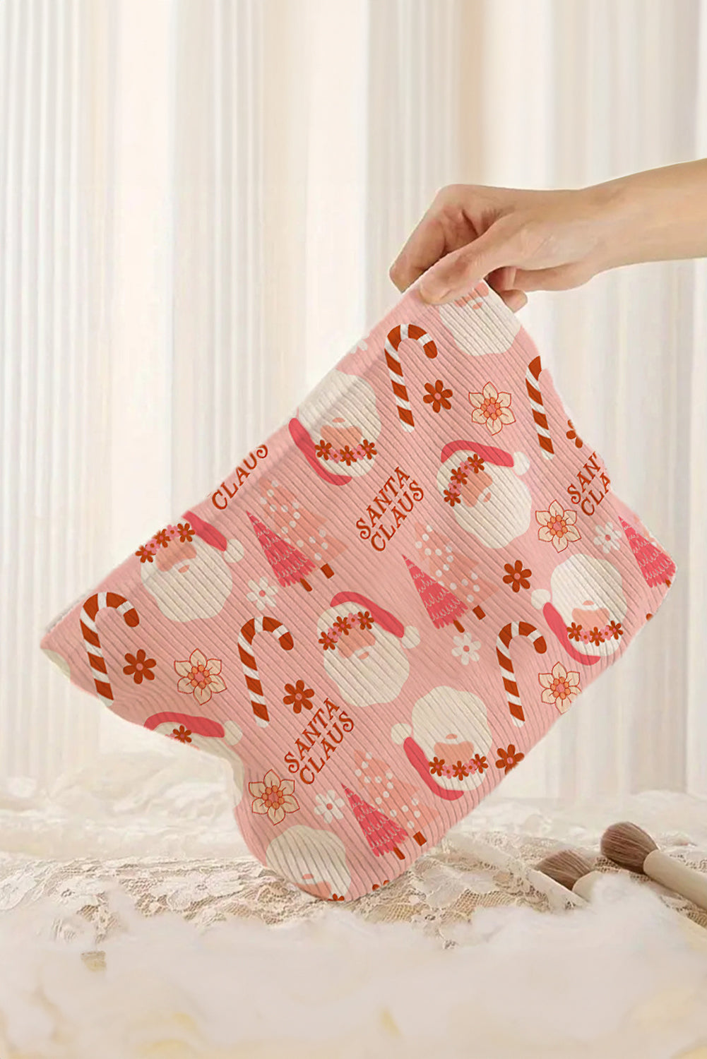 Pink Christmas Santa Claus Corduroy Zip Up Cosmetic Bag