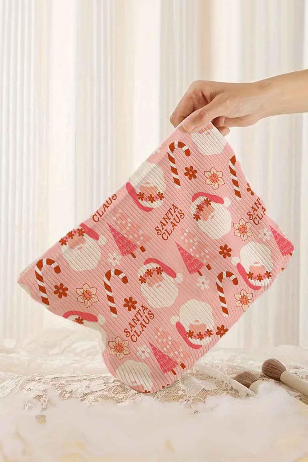 Pink Christmas Santa Claus Corduroy Zip Up Cosmetic Bag e742ae5e22b20286