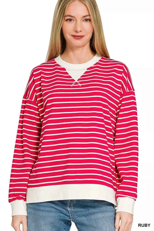 Zenana Contrast Striped Round Neck Sweatshirt RUBY e742ba7930f04cbcb8531ecdc2bfaf51-Max-Origin