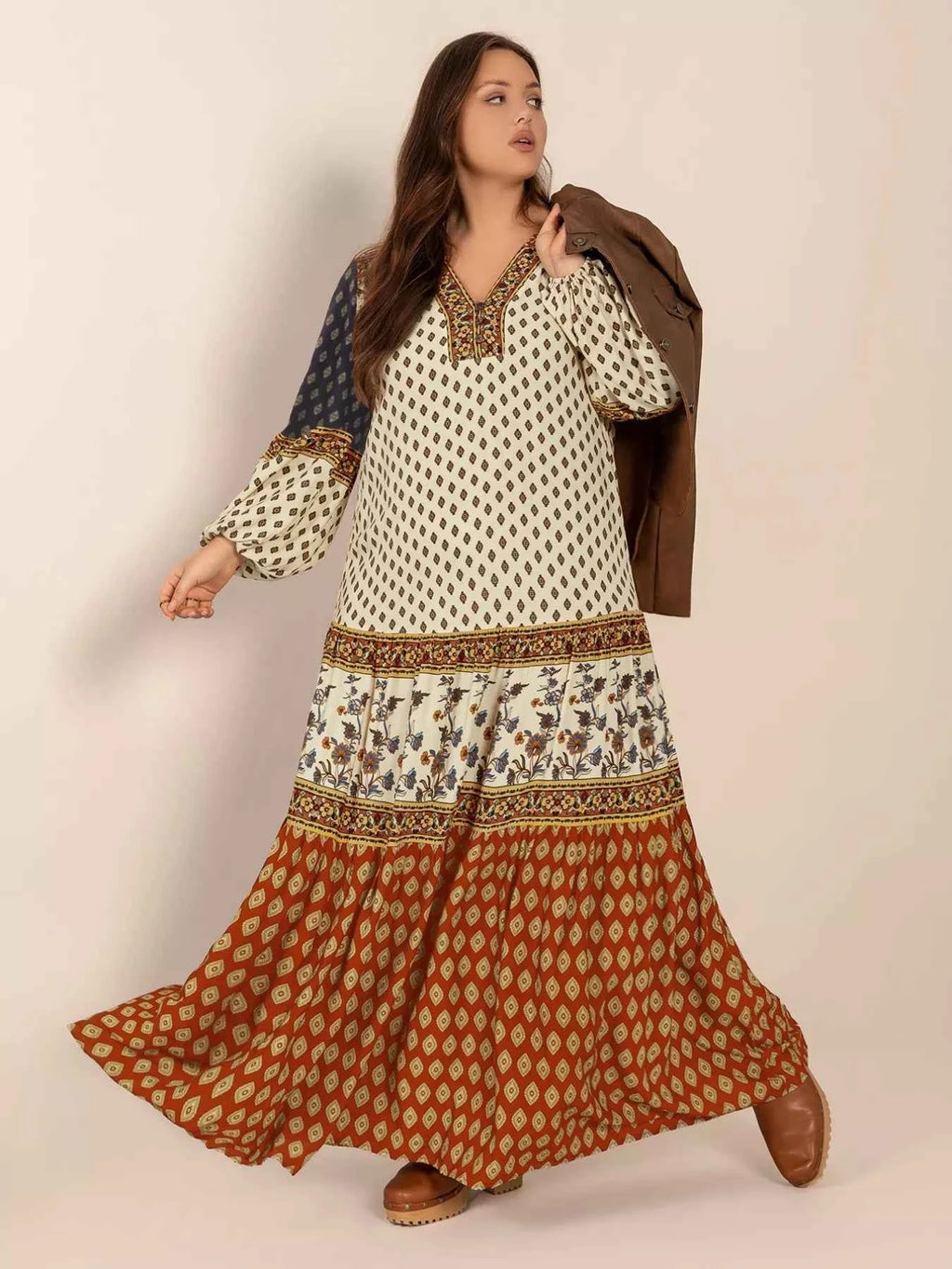 Plus Size Notched Balloon Sleeve Maxi Dress Caramel e742d232-ab0e-4bf1-8426-0a83c808c0ea-Max-Origin