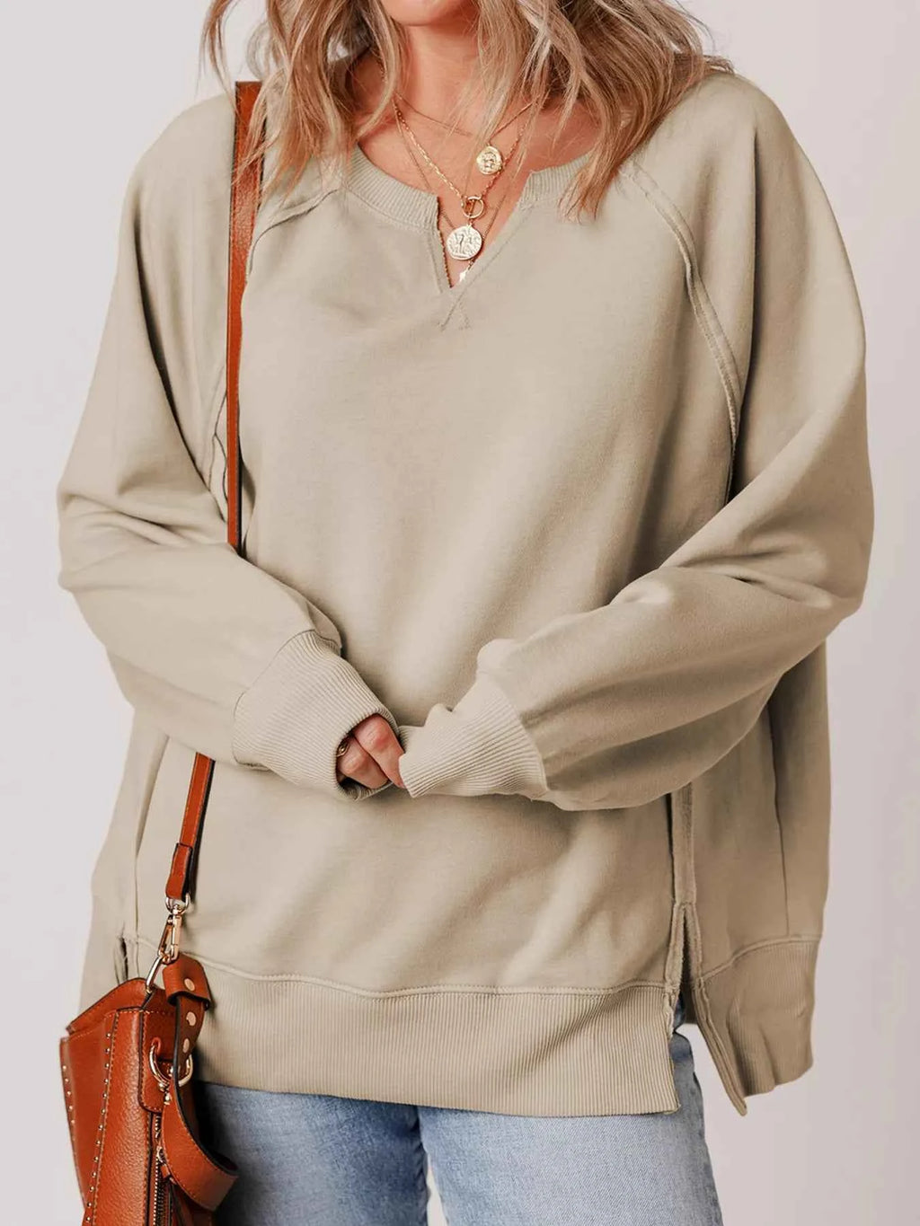 Raw Edge Exposed Seam Raglan Sleeve Side Slit Sweatshirt e745dc1f58f14004a1ee898bed80512c-Max-Origin