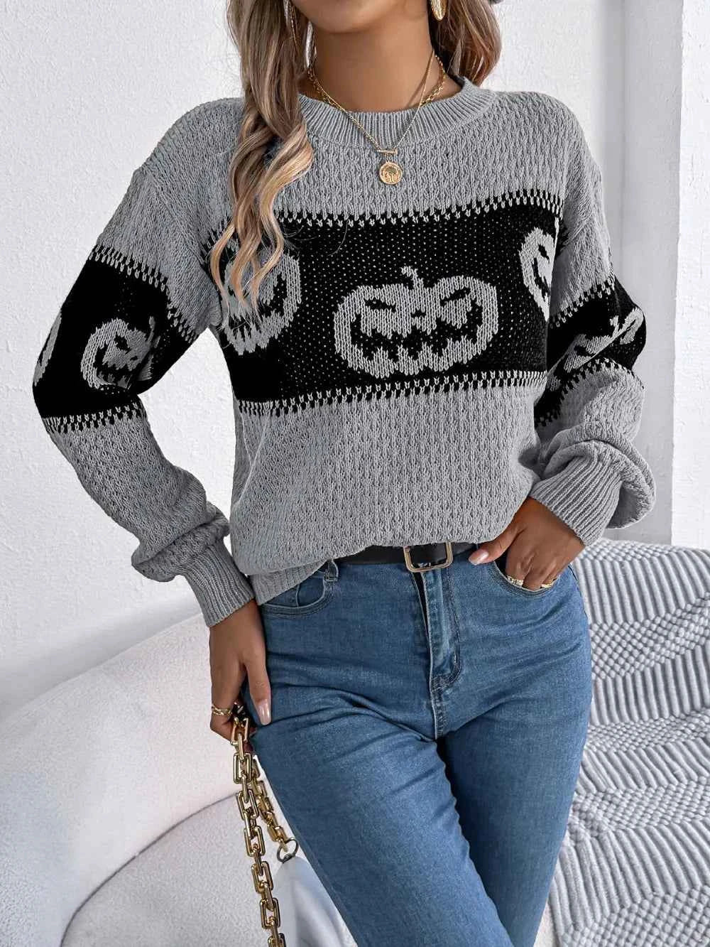 Pumpkin Round Neck Long Sleeve Sweater e74b08f0-78ab-4a7d-ac10-4dd8c94b1693-Max