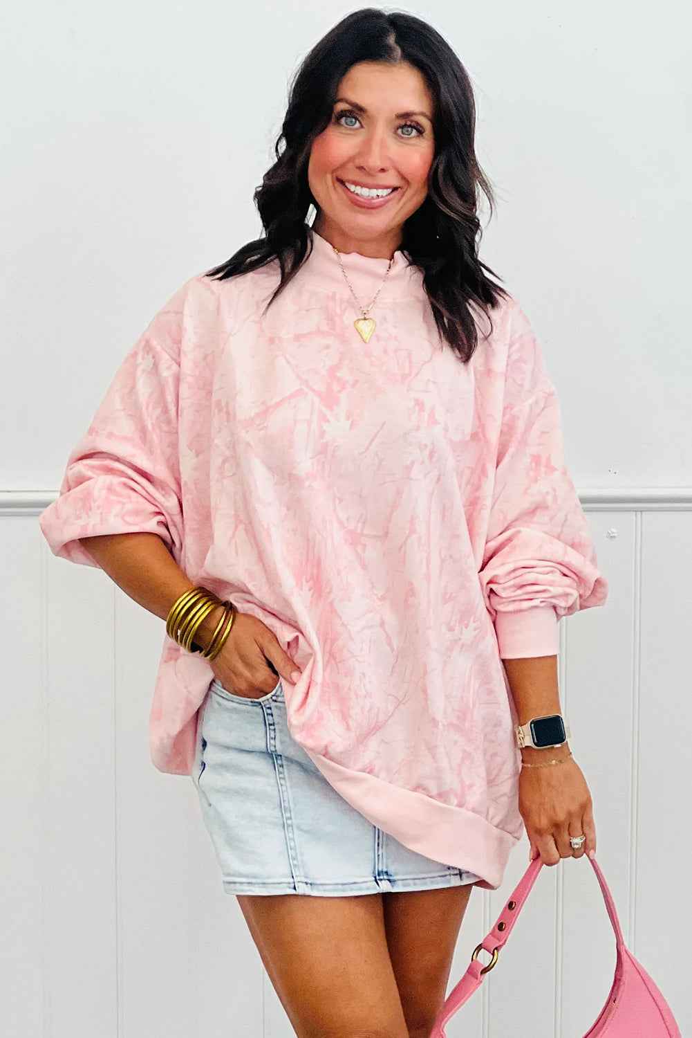 Pink Camo Print Mock Neck Loose Sweatshirt e74b6c16951b9edf