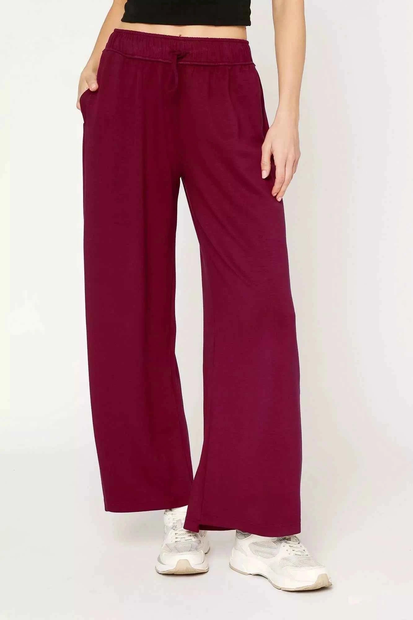 Umgee Elastic Drawstring Waistband Wide Leg Pants MERLOT e74b8f66-9691-4674-b133-fb99202cf4de-Max-Origin
