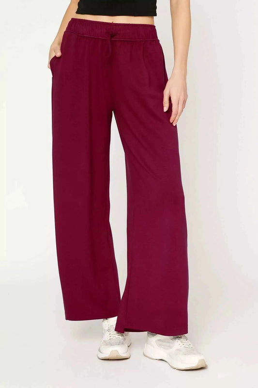 Umgee Elastic Drawstring Waistband Wide Leg Pants MERLOT e74b8f66-9691-4674-b133-fb99202cf4de-Max-Origin