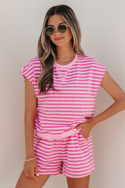 Pink Stripe Cap Sleeve Tee Elastic Waist Shorts 2pcs Outfit e75211049da8a420