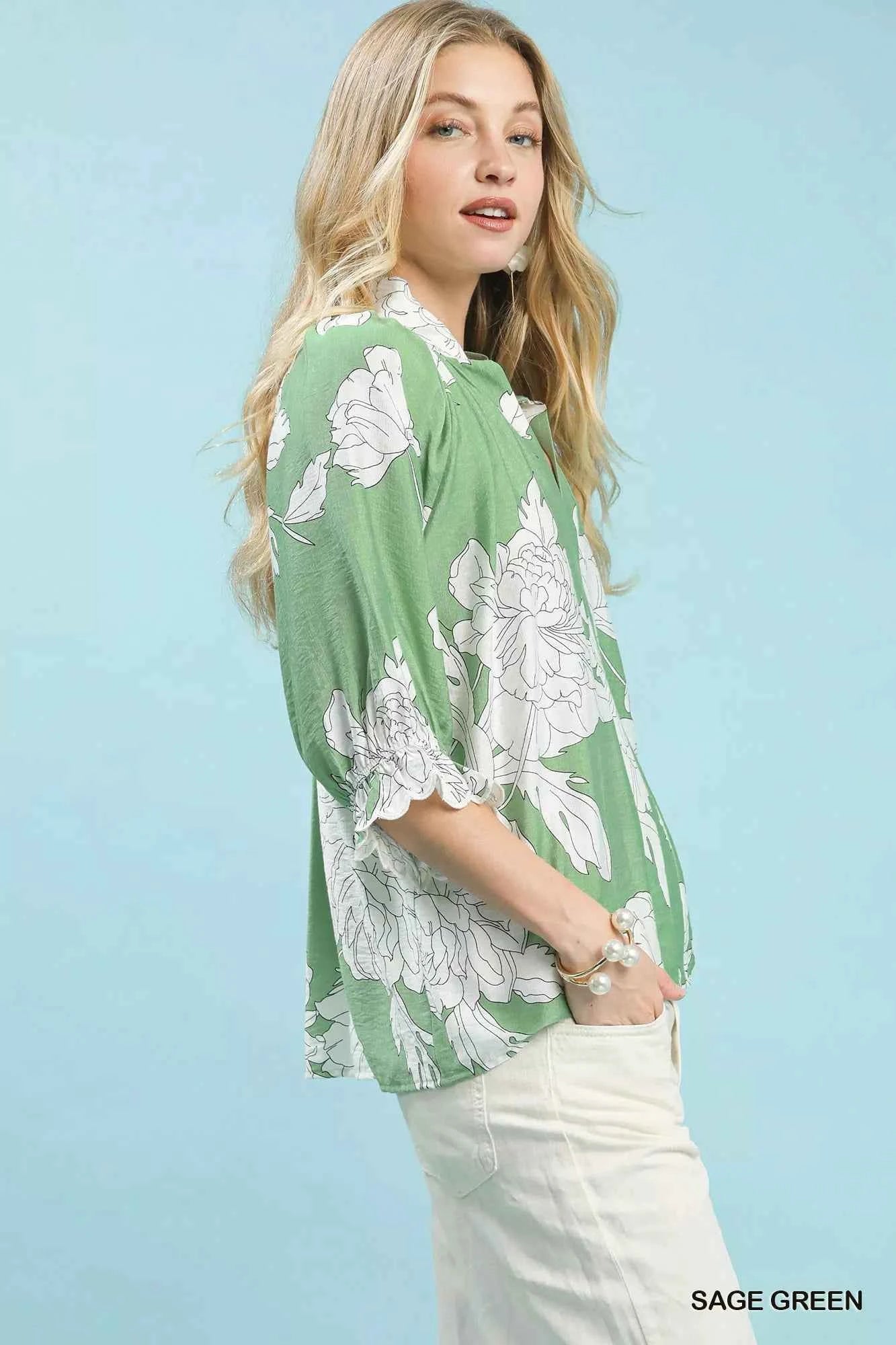 Umgee Peony Illustration Print Flounce Sleeve Blouse e7586849-2b61-443a-9586-321860239bd5-Max-Origin