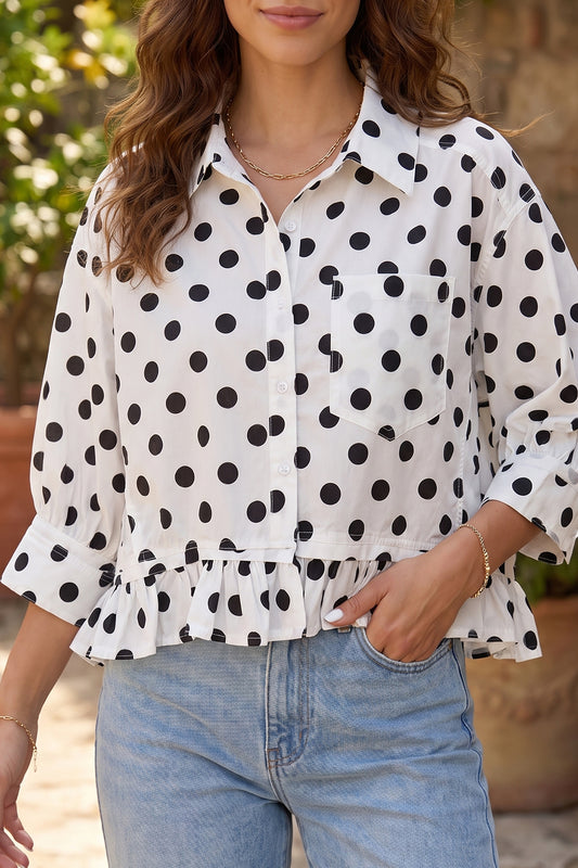 White ka Dot Print Three Quarter Sleeve Ruffle Hem Casual Shirt White 100%Polyester e75ba3aff7b27263