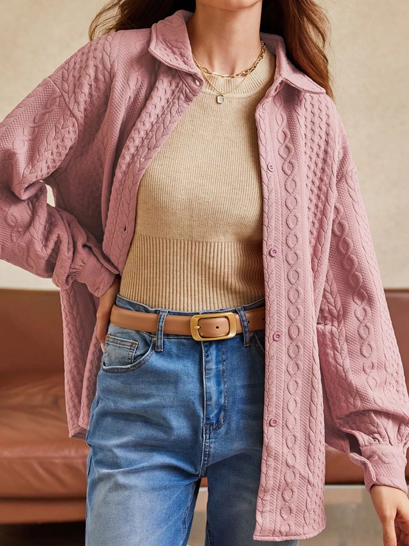 Cable Texture Puff Sleeve Loose Shacket e75de702-8d56-43bc-b3fb-78dde05ad812-Max-Origin