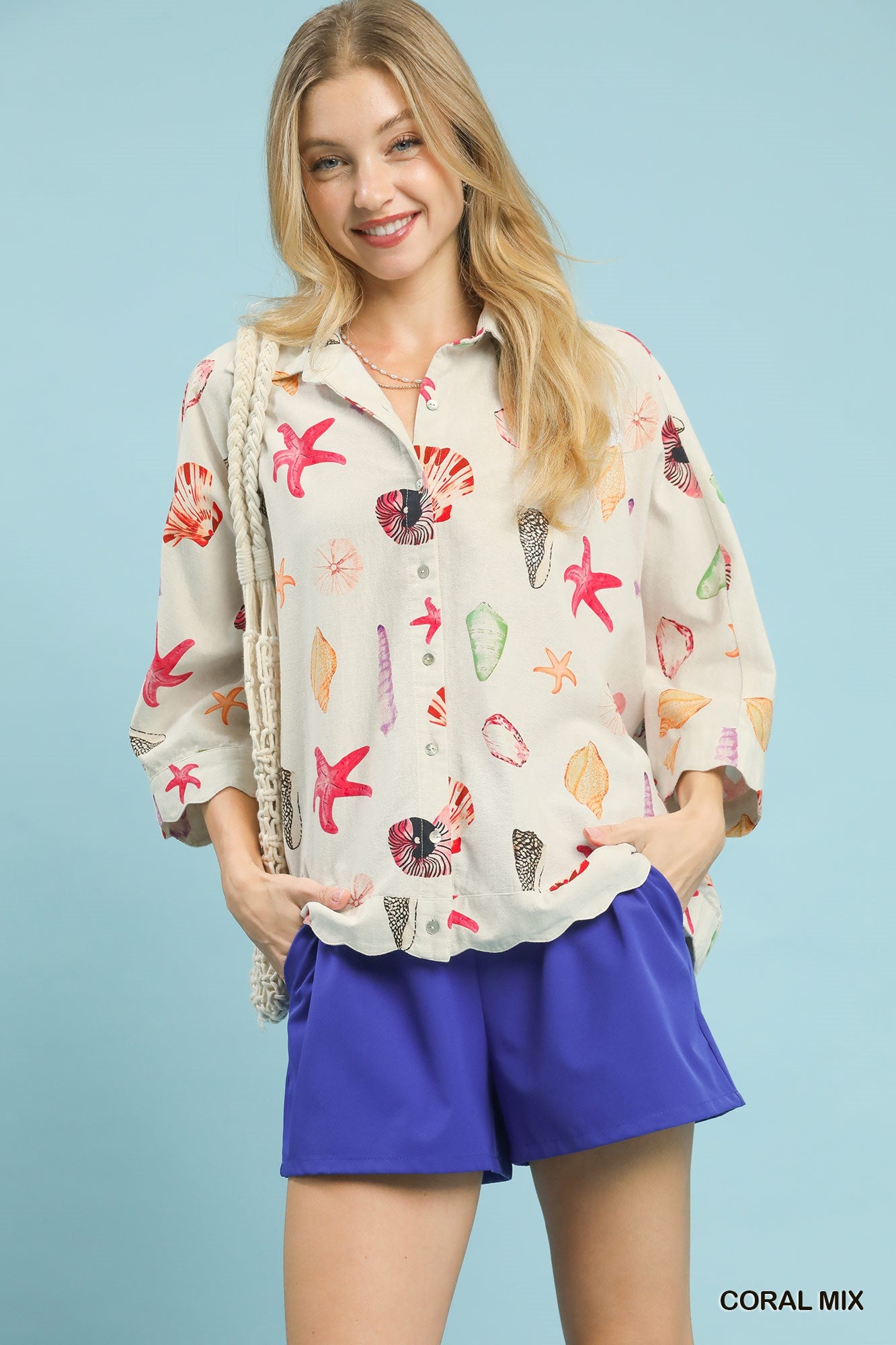 Umgee Seashell & Starfish Print Button-Down Top CORAL MIX e7699fa1-831e-4454-a470-92d22e0ac35b-Max