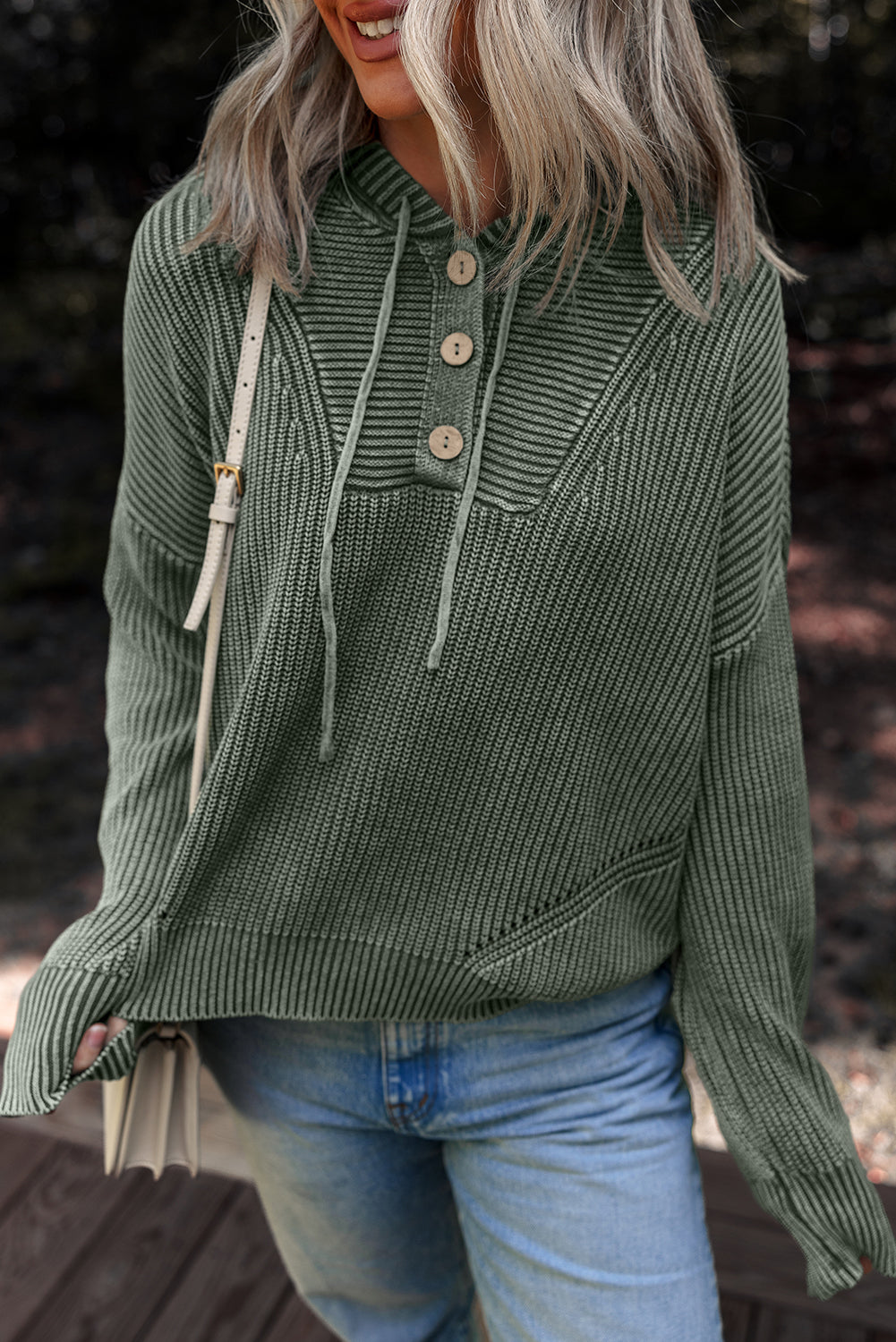 Mist Green Mineral Wash Ribbed Knit Drawstring Hooded Sweater Mist Green 100%Cotton e76abef5f8900dc1
